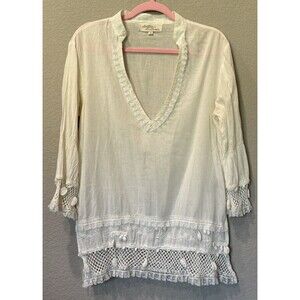 Antica Sartoria White V Neck Long Sleeve Boho Hippie Resort Cottage Top Womens S